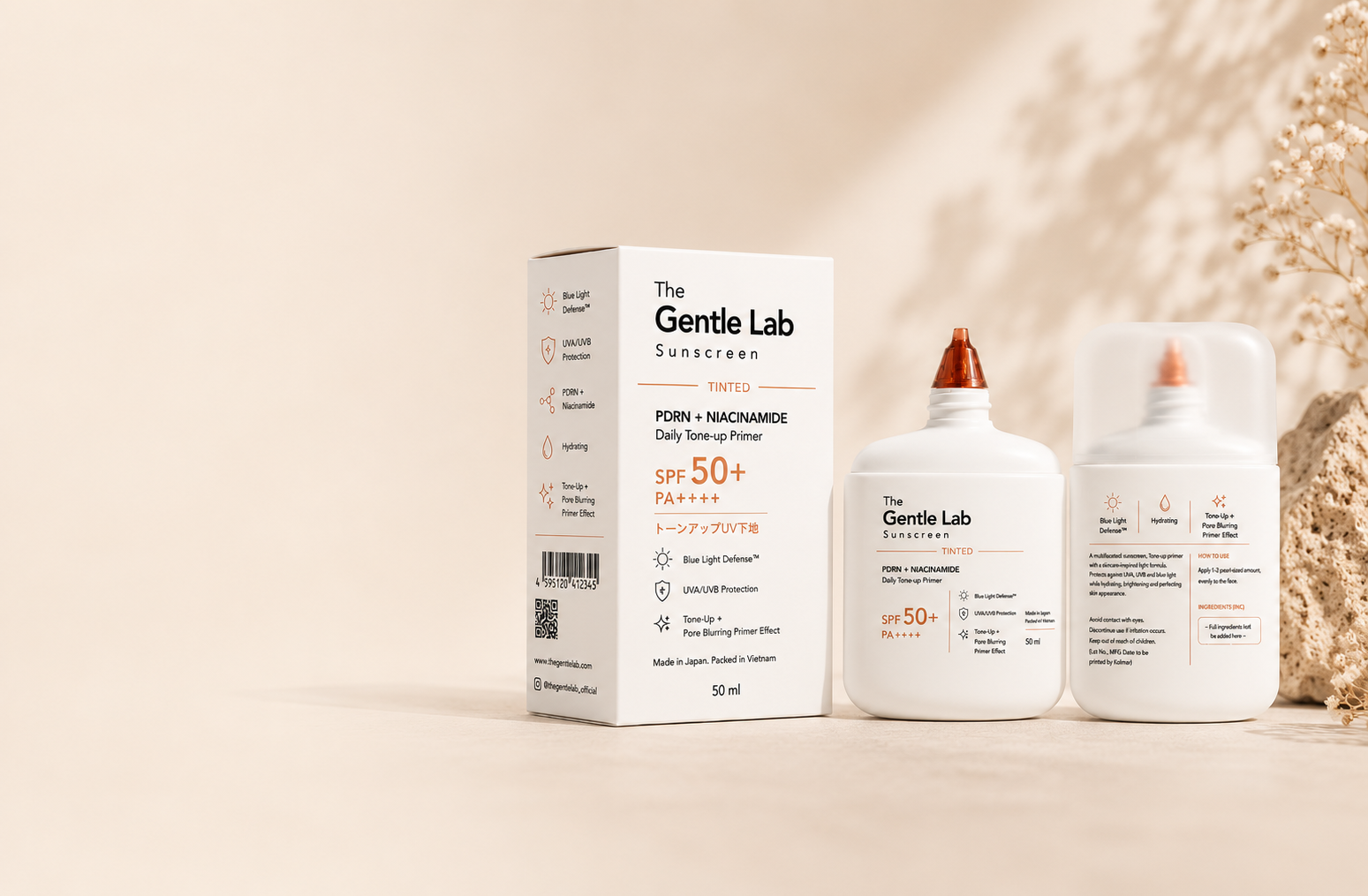 The Gentle Lab Sunscreen SPF 50 Tinted — box and bottle
